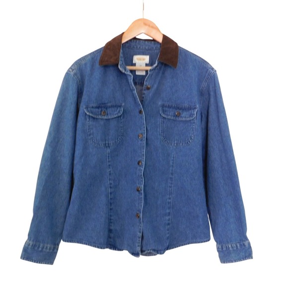 Talbots Jackets & Blazers - Talbots Womens Denim Shirt Jacket Button Front Brown Collar Size Petite Medium